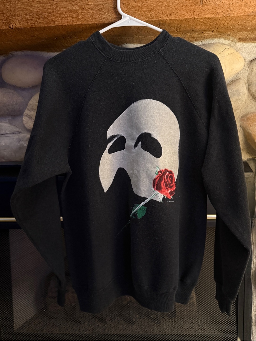 Tultex Black Crewneck Sweater with White Phantom Mask and Red Rose Graphic